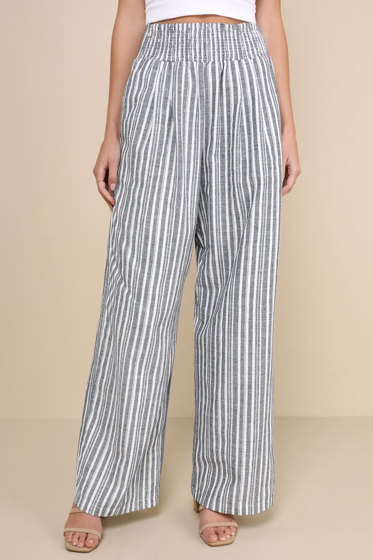 Breezy Getaway Blue and White Striped Linen Wide-Leg Pants | Lulus