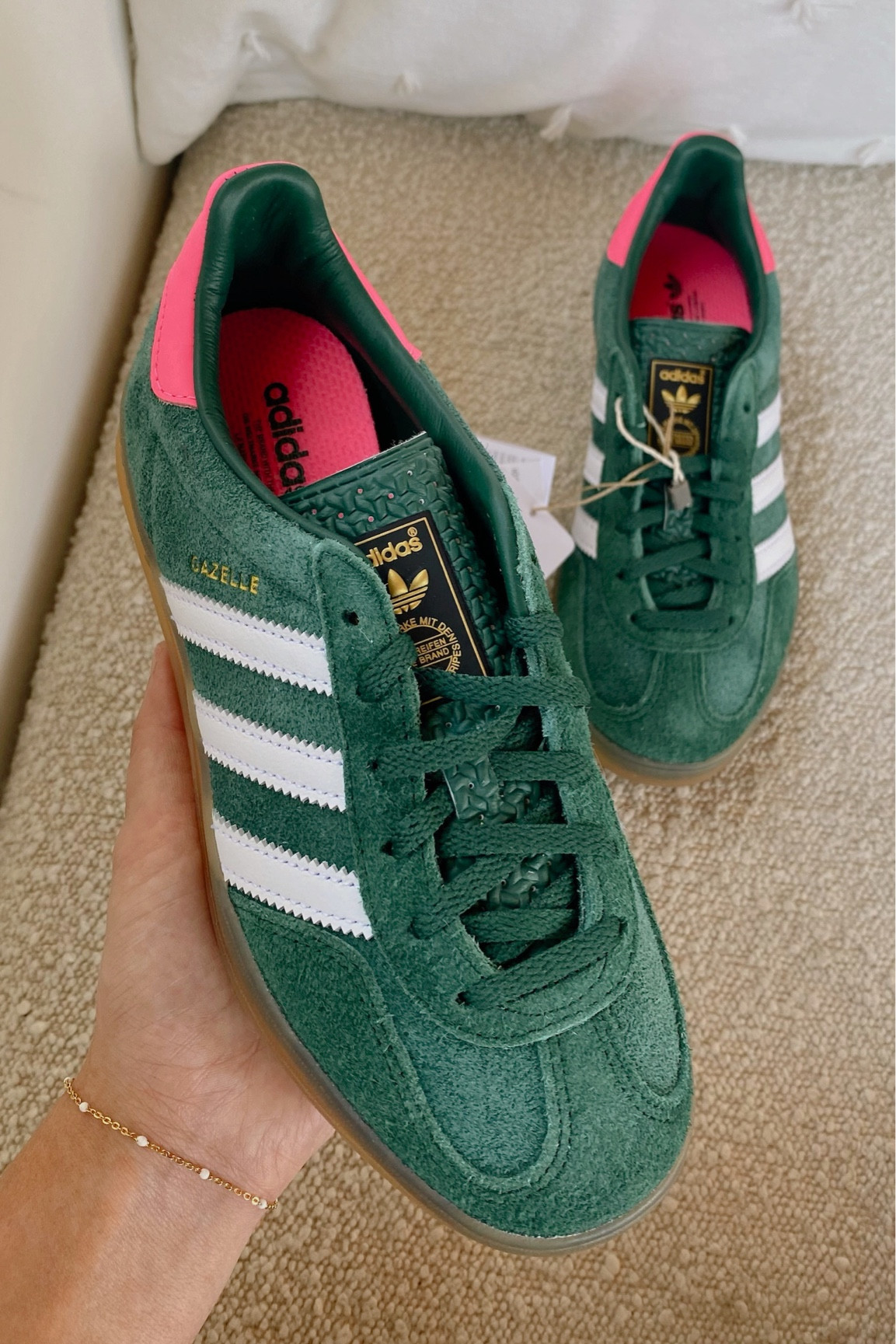 adidas gazelle silver green womens ADIDAS ORIGINALS Green Gazelle Sneakers with elastic laces