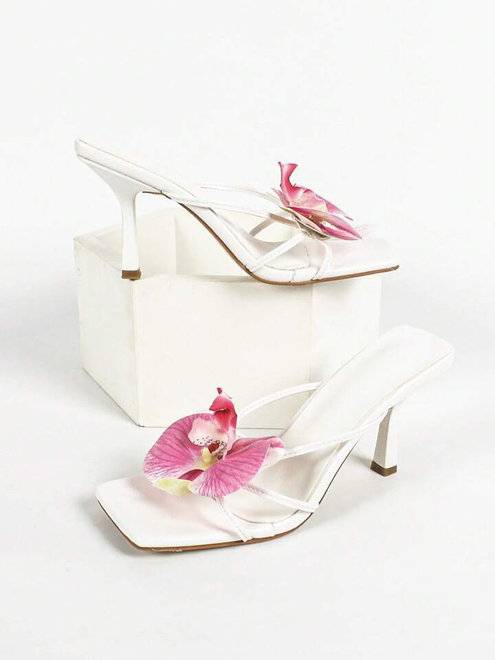 Elegant Square Toe Open Toe High Heel Women Sandals, Pink 3D Floral Decor Thin High Heel Sandals, Suitable For Outdoor Travel And Party Wear | SHEIN