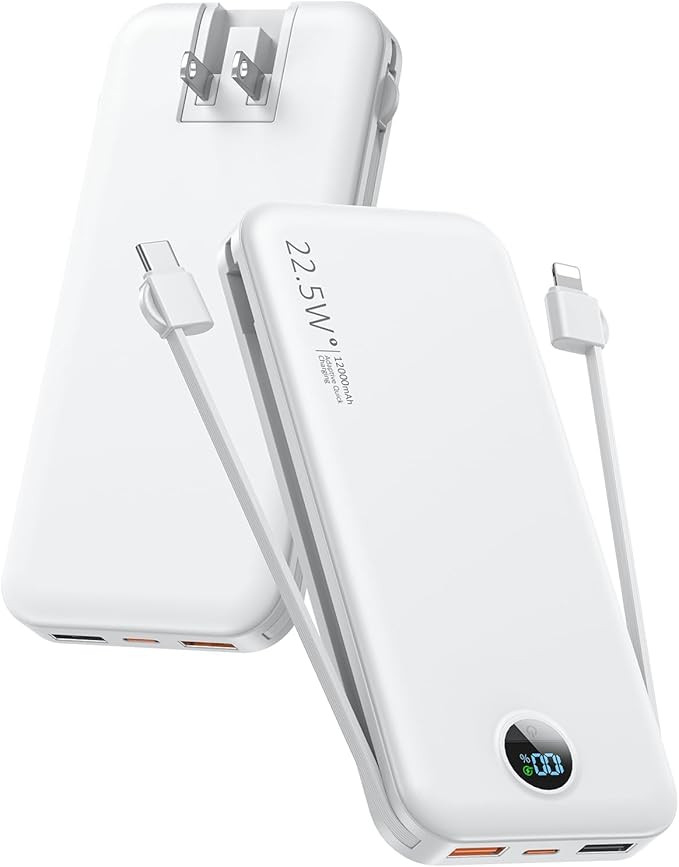 Portable Phone Charger, 12000mAh 22.5W Fast Charging Power Bank with Built-in Cables & Wall Plug,... | Amazon (US)