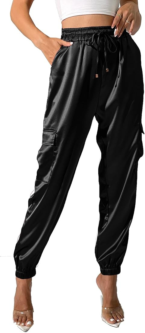 Women's Satin Cargo Joggers Pants Dressy Casual Silky Elastic High Waist Trousers | Amazon (US)
