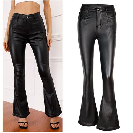 OuSshang Women s Black Faux Leather Flared Pants High Waist Stretch Slim Hips Trousers | Walmart (US)