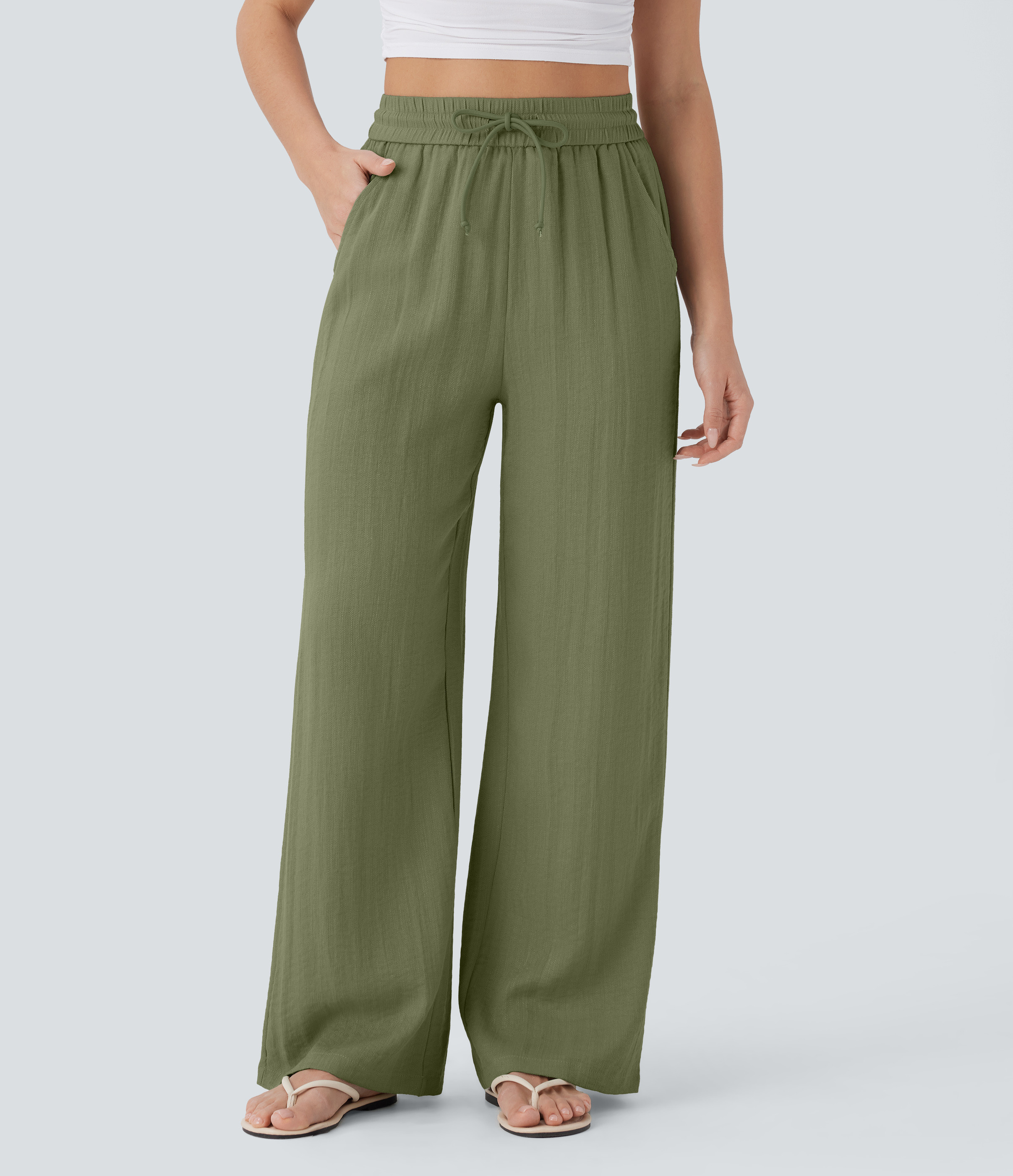 Halara High Waisted Drawstring Pocket Wide Leg Casual Linen-Feel Pants - Loden Green - XL(regular) sweatpants jogger pants | HALARA