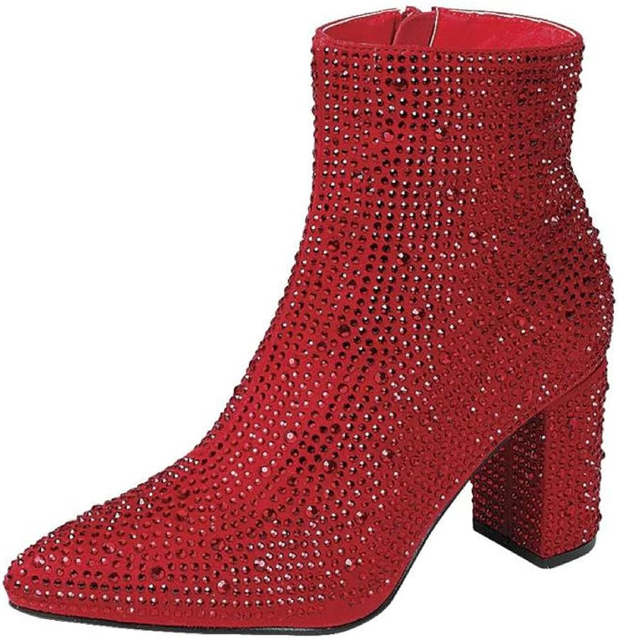 Women Rhinestone Block Chunky Heel Ankle Bootie | Amazon (US)