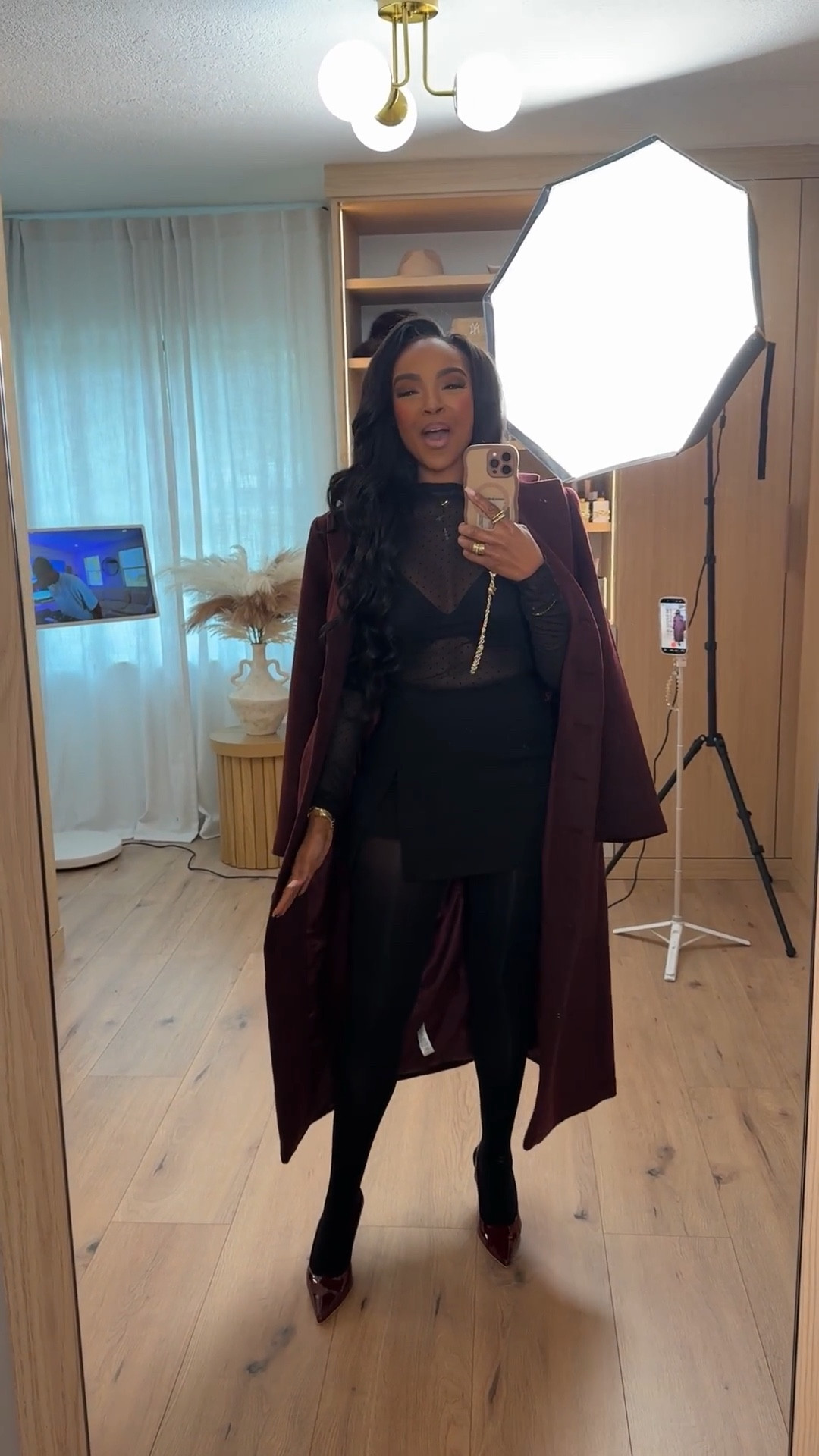 ✨ Evening Glam Edit | Burgundy Coat & Sheer Top  

Effortlessly chic with a touch of drama — this sheer black top, mini skirt, and burgundy coat combo is the perfect mix of bold and feminine. A statement look for date nights, dinners, or special events that deserve a little extra glam.  

📏 Sizing: Wearing small in top and coat; skirt fits true to size.  

#LTKHolidayStyle #EveningOutfit #ChicFallLook  

Fall evening outfit ideas, holiday outfit inspo, sheer top outfit, burgundy coat look, affordable date night style, luxe black outfit, elegant fall fashion, statement outerwear for women.  

Follow me on Instagram and YouTube @kirasfashionfinds

#LTKFindsUnder50 #LTKStyleTip