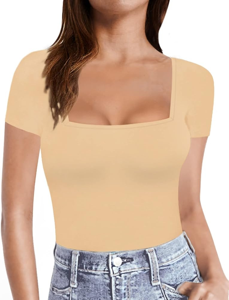 MANGOPOP Womens Short Sleeve/Long Sleeve Square Neck T Shirts Tops Tees | Amazon (US)