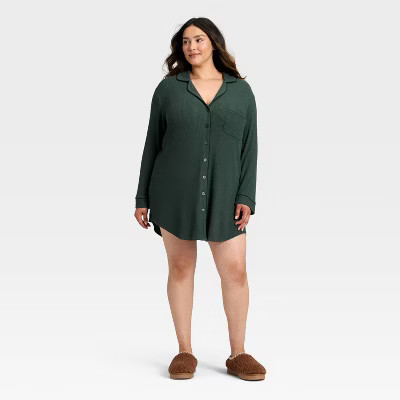 Women's Cozy Ribbed Notch Collar Nightgown - Auden™ Green 3X | Target