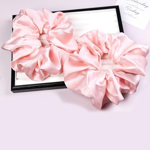 Oversized Satin Scrunchies for Women - 2 Pack Extra Large Hair Ties Accessories, Big Silk-Like Ponytail Holders, No-Damage Elastic Bands for Thick Curly Hair, Light Pink | Amazon (US)
