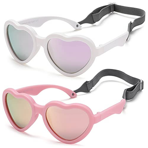 Flexible Heart Shaped Baby Polarized Sunglasses with Strap Adjustable Toddler & Infant Age 0-24 Months (White/Purple Mirrored + Pink/Pink Mirrored) - 2 Pack | Amazon (US)