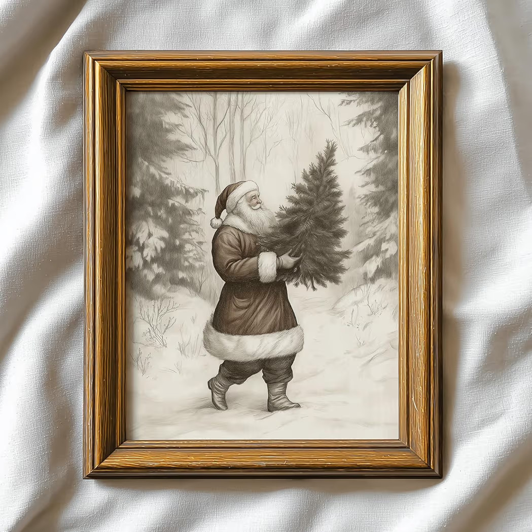 TwoDays Vintage Santa Tree Christmas Wall Art - Pine Xmas Aesthetic Prints for Room Decor, Rustic... | Amazon (US)