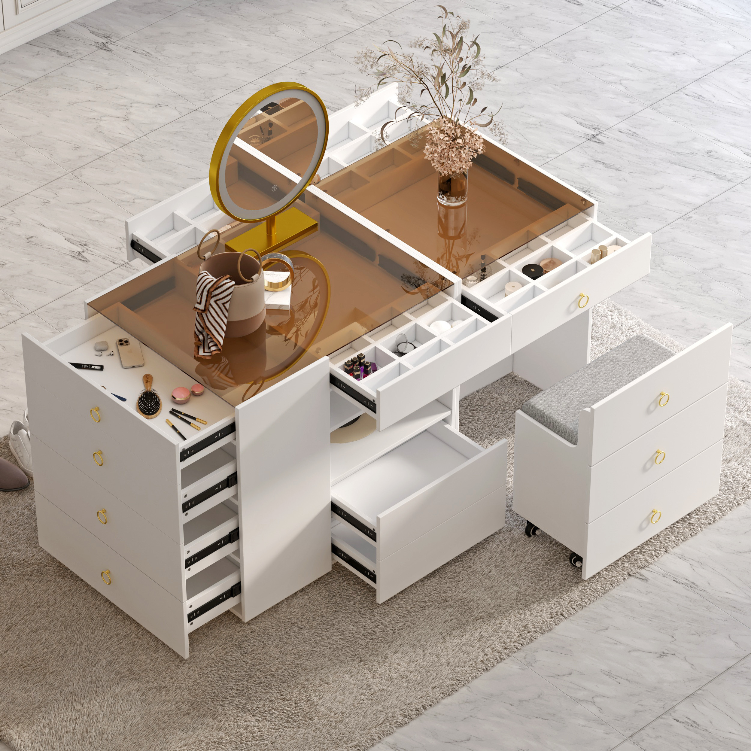 59"" Vanity Dresser Glass Top Walk in Closet Island with Storage & Stool | Homary