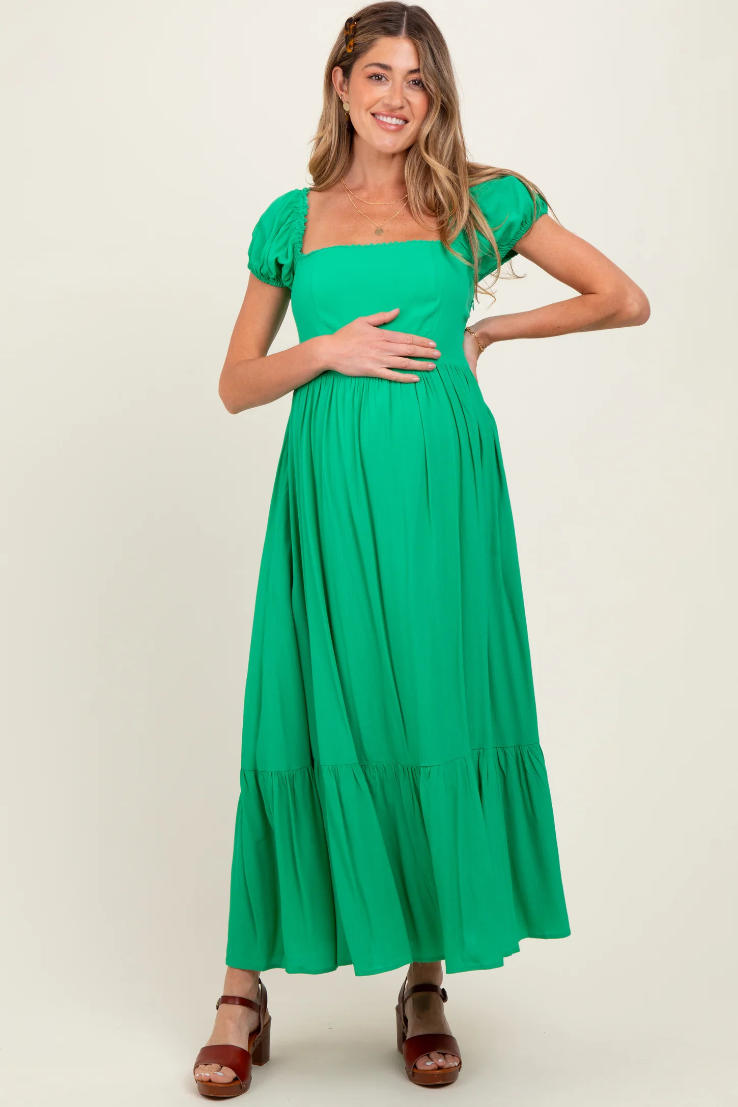 Green Ruffle Detail Square Neck Maternity Maxi Dress | PinkBlush Maternity