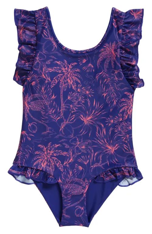 Boardies Kids' Palms Ruffle One-Piece Swimsuit in Blue at Nordstrom, Size 6 | Nordstrom