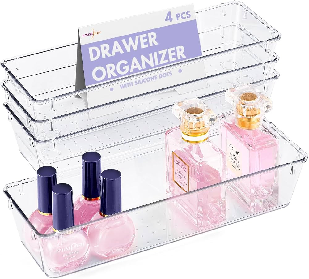 HOUSE DAY Desk Drawer Organizer Bins 4 PCS, 9*3*2" Clear Drawer Organizers with Silicone Pads, Va... | Amazon (US)