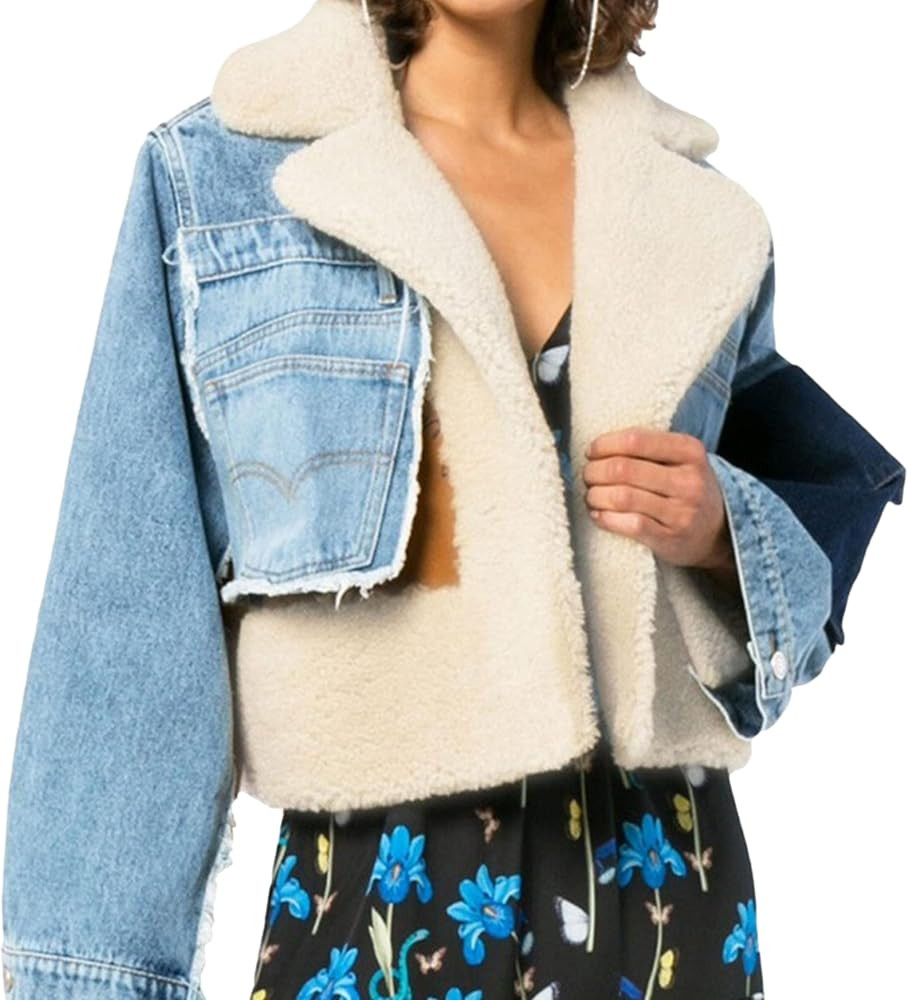 Zontroldy Women's Winter Faux Fur Patchwork Denim Jacket Crop Warm Color Block Lapel Padded Coat | Amazon (US)