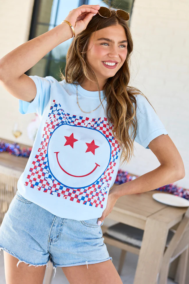 Multi Patriotic Smiley Checkered Light Blue Graphic Tee SALE | Pink Lily
