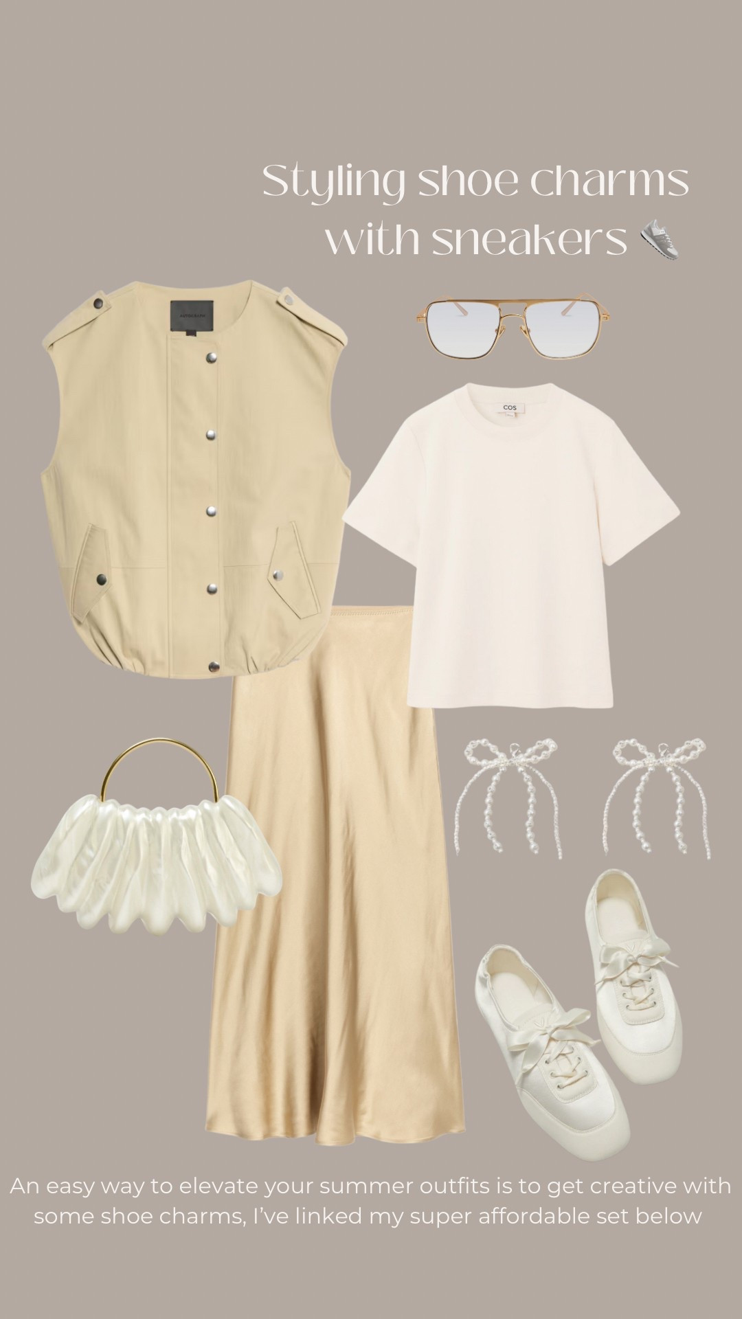 Summer outfit - trendy sneakers - satin trainers - shoe charms - pearls - Marks & Spencer’s, M&S, Zara bag, sunglasses aviator, basic t-shirt - Arket - neutral outfit 

#LTKshoes #LTKuk #LTKsummer