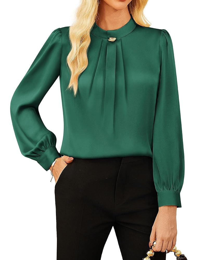 GRACE KARIN Women's Long Sleeve Business Casual Tops Dressy Silk Satin Blouse Pleated Mock Neck S... | Amazon (US)