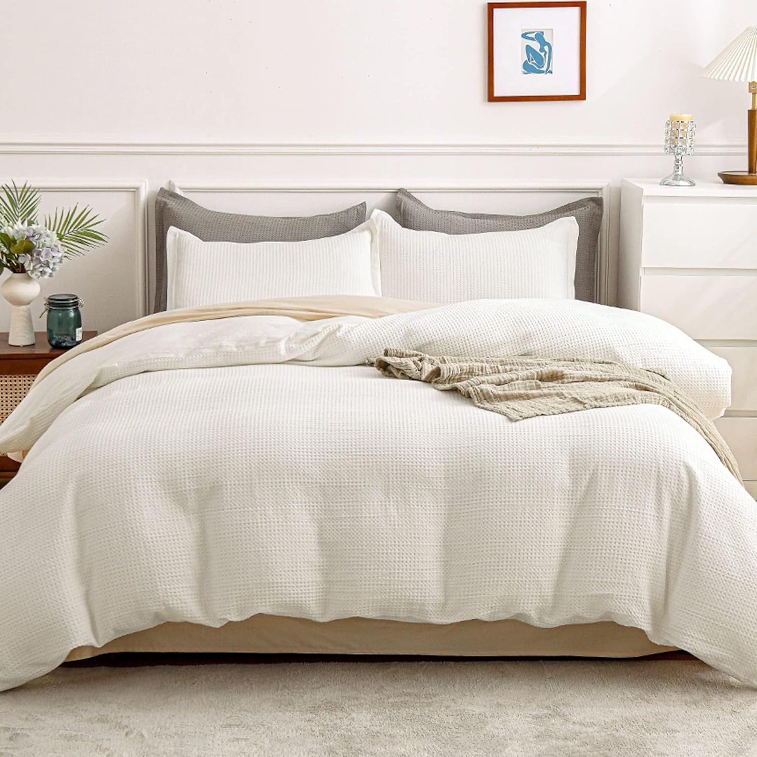 100% Cotton Duvet Cover, Waffle Weave Warm White Duvet Cover Set, Soft Breathable Luxury Comforte... | Amazon (US)