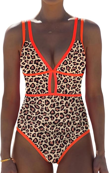 popvil Women One Piece Swimsuit 2026 Tummy Control Sexy Cutout Neon Color Block Bathing Suit Slim... | Amazon (US)