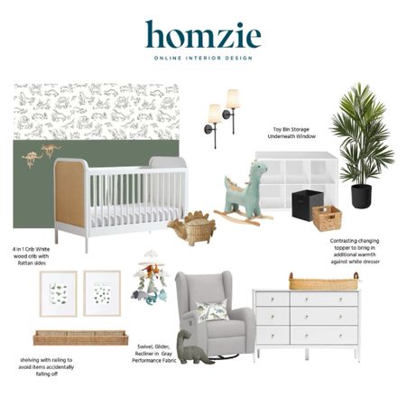 We loved designing this baby boy dinosaur nursery for our virtual interior design client. This space features a neutral swivel chair, woven shelving and storage bins, a multifunctional contrasting crib, and many dinosaur accessories to tie in the theme. 

Work 1:1 with a Homzie virtual interior designer for a low flat-rate and receive a custom, shoppable decorating plan! - all online.  Get started homziedesigns.com/work-with-us 
 

#LTKKids #LTKBaby #LTKHome