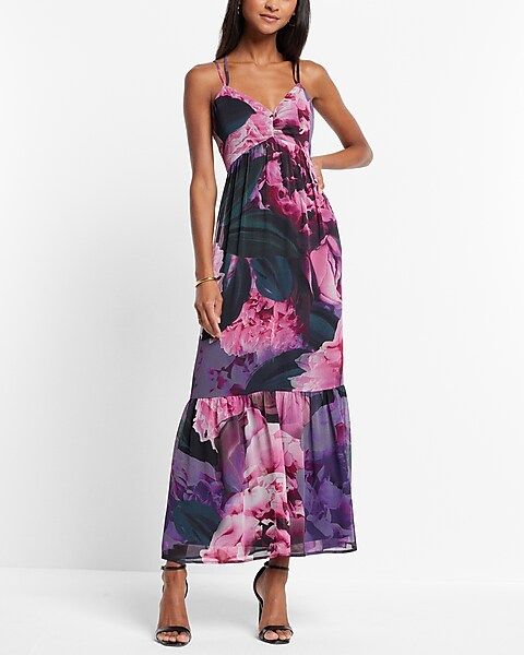 Floral Print V-neck Strappy Tiered Ruffle Maxi Dress | Express