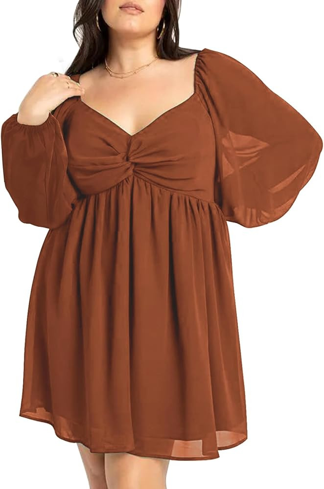 SCOMCHIC Women's Plus Size Puff Long Sleeve Dresses Sweetheart Neckline A Line Short Wedding Gues... | Amazon (US)