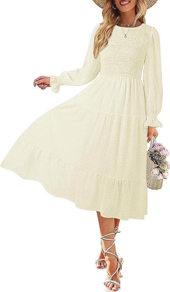 MEROKEETY Women's Casual Long Sleeve Smocked Dress Crewneck Swiss Dot Flowy Tiered Midi Dress | Amazon (US)