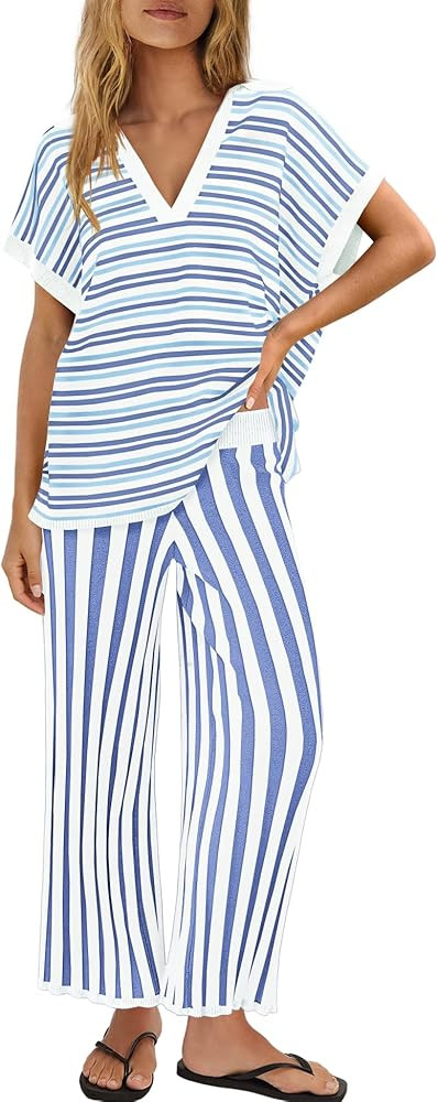 ReachMe Womens 2 Piece Striped Lounge Set Short Sleeve Top Wide Leg Pants Sets Summer Beach Vacat... | Amazon (US)