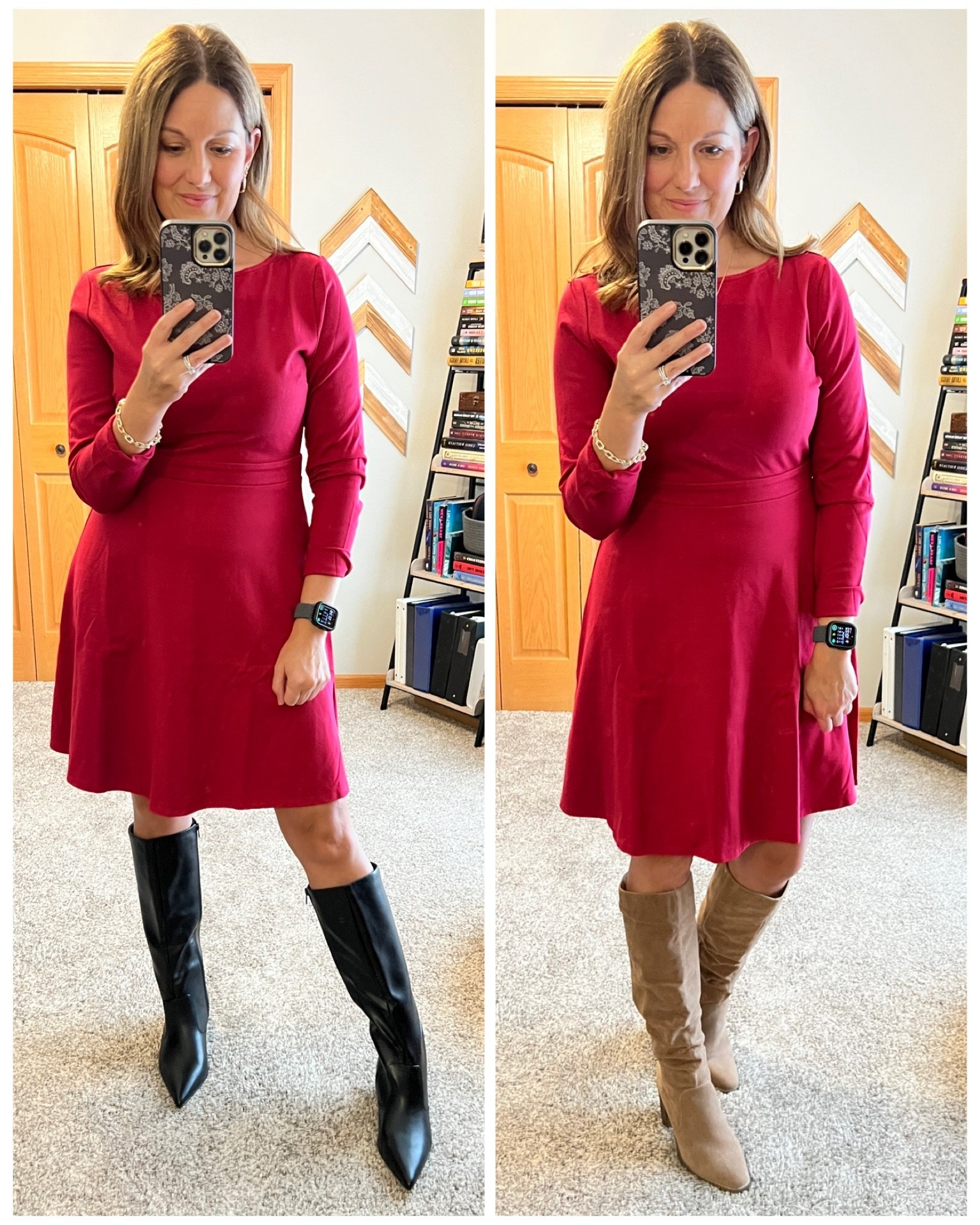 Red dress perfection! I love that you can wear this for the holidays and beyond. Also easy to dress up or down a bit! 

Dress - TTS, in size S 
Boots - both fit TTS 

Maurices | Red Dress | Holiday Dress

#LTKHoliday #LTKOver40 #LTKSaleAlert
