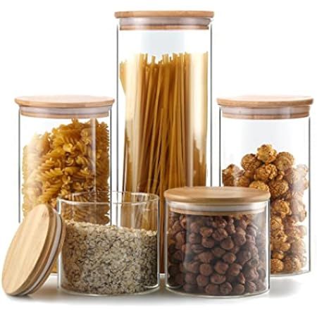 Canister Set of 5, Glass Kitchen Canisters with Airtight Bamboo Lid, Glass Storage Jars for Kitchen, | Amazon (US)