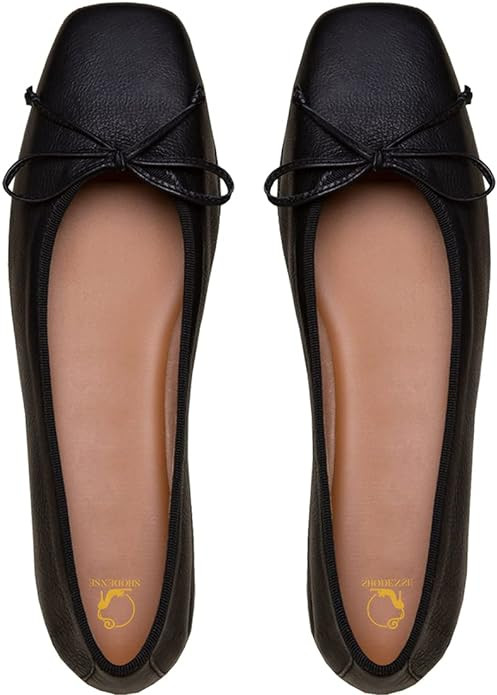 Women Flats Shoes Bow Square Closed Toe Ballet Flats Slip On Metallic Flat Shoe Matte Patent Leat... | Amazon (US)