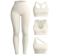 OQQ Womens 4 Piece Workout Outfits Ribbed Yoga High Waist Leggings with 3 Piece Crop Tops with Sp... | Amazon (US)