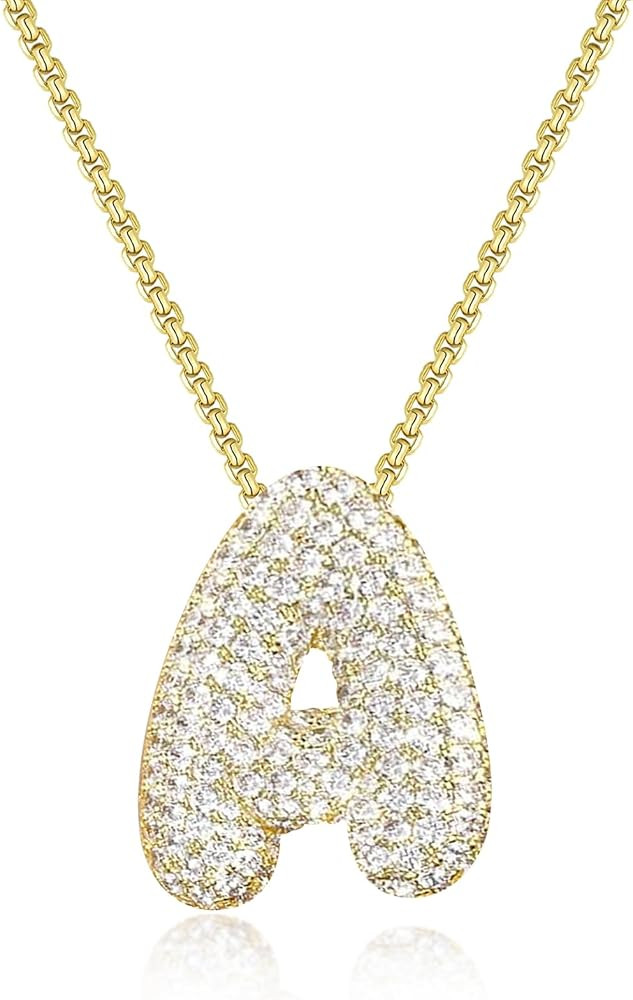 Bubble Letter Necklace Gold, 14k Gold CZ Inlaid Initial Necklaces for Women Box Chain Trendy Gold... | Amazon (US)