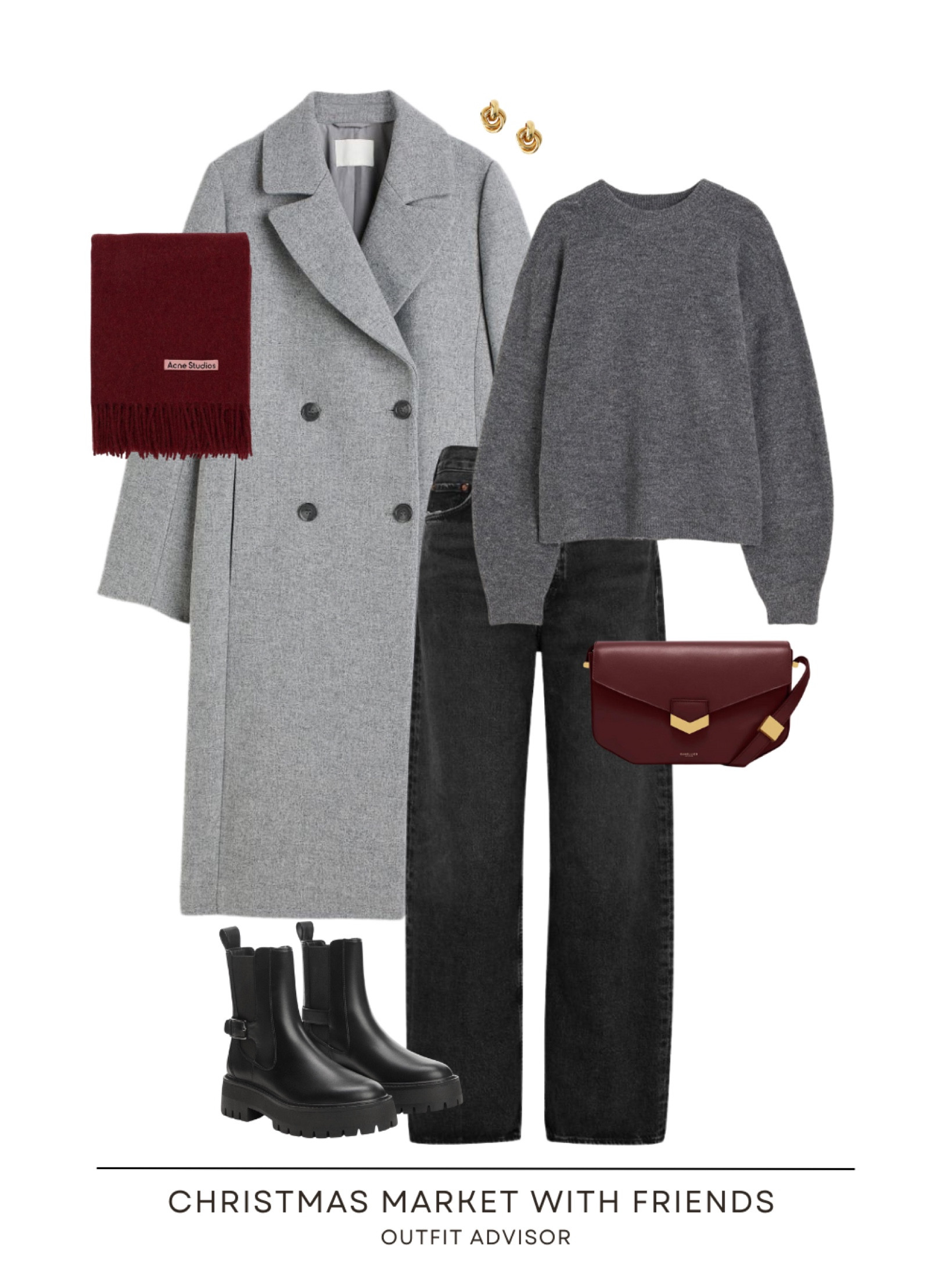 Christmas market outfit inspo: a grey coat, dark grey knit jumper, black jeans, black boots, a burgundy red bag and acne studios scarf

#LTKitbag #LTKstyletip #LTKHoliday