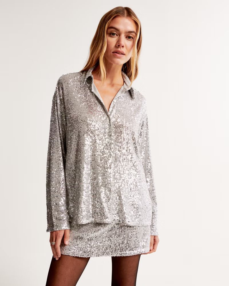 Long-Sleeve Sequin Button-Up Shirt | Abercrombie & Fitch (US)