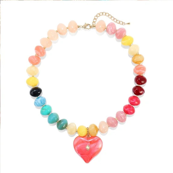 VNOX Stainless Steel Gold Tone Necklace with Colorful Resin Beads and Red Heart Pendant for Gifts | Walmart (US)