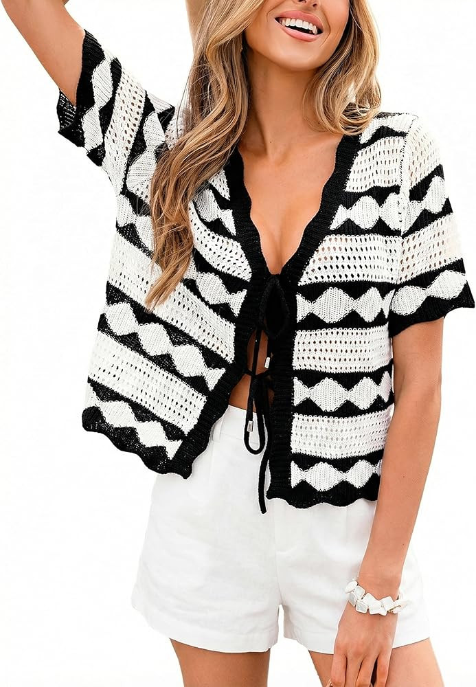 CUPSHE Women Swimsuit Cover Ups Tops Knit Short Sleeve Striped Beach Vacation Outfits | Amazon (US)