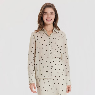 Women's Long Sleeve Collared Blouse - A New Day™ Cream Polka Dots XS | Target
