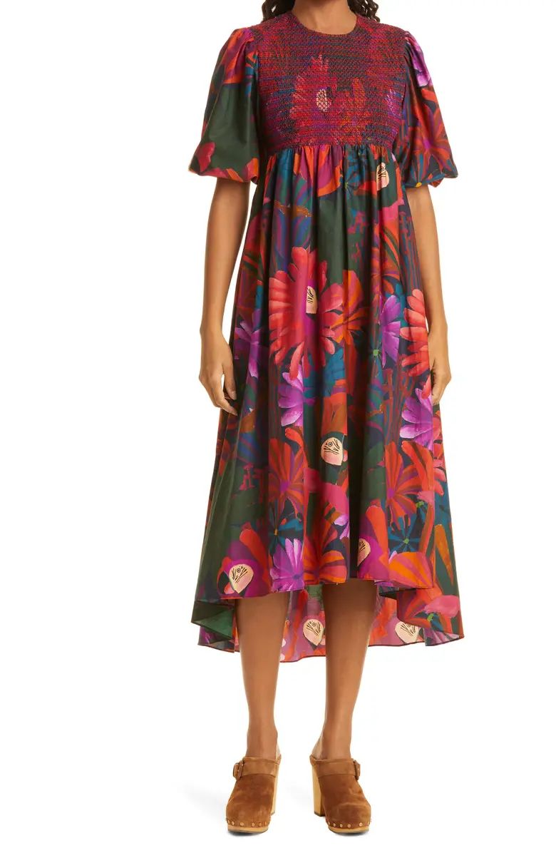 FARM Rio Bird Flowers Smocked Organic Cotton Midi Dress | Nordstrom | Nordstrom