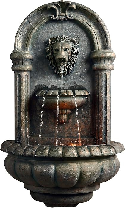 Teamson Home 32.1 in. Wall-Mounted Lion Head Stone LED Outdoor Water Fountain for Gardens, Landsc... | Amazon (US)