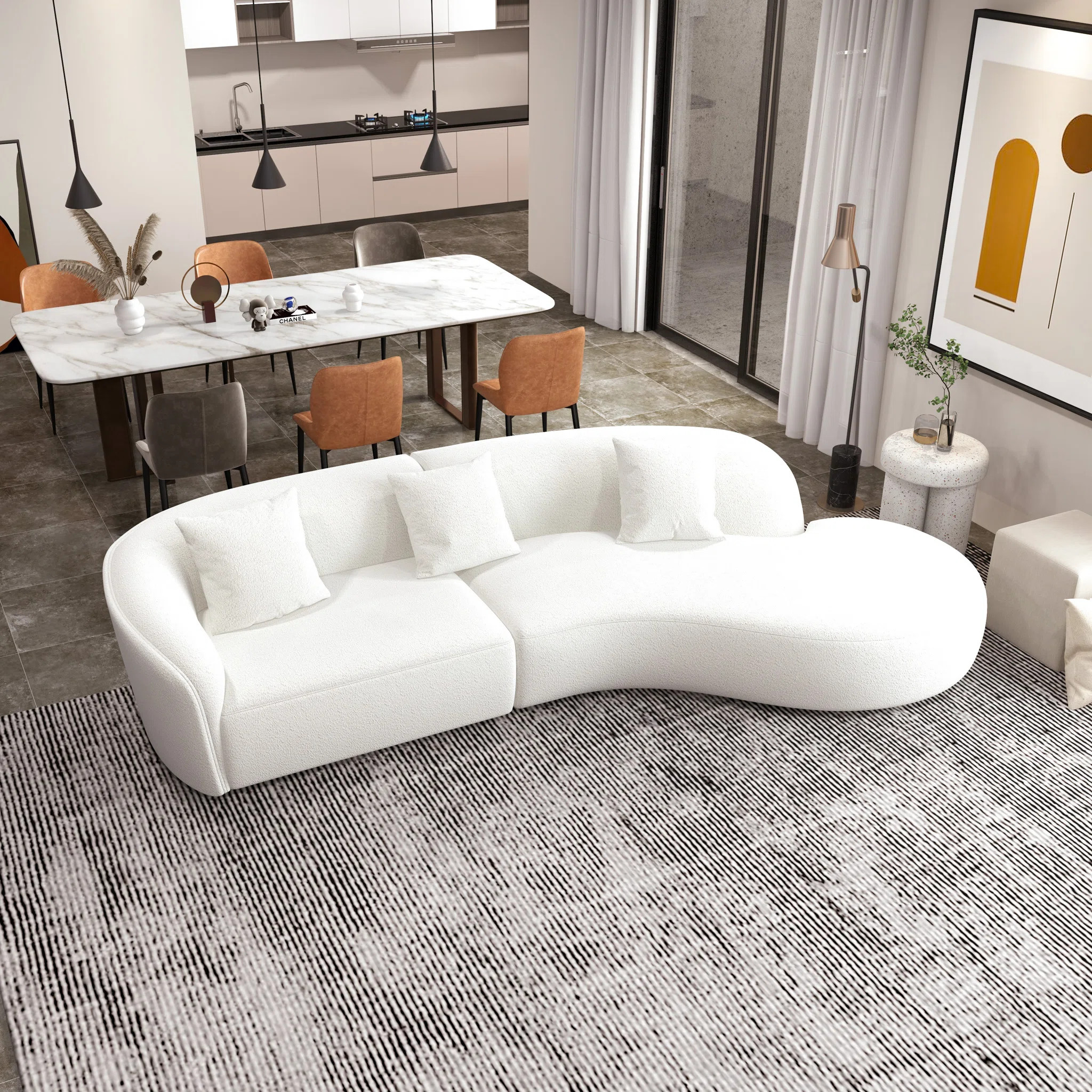 Anahli 126" Japandi Style Luxury Modern Boucle Fabric Curvy Sectional Couch | Wayfair North America