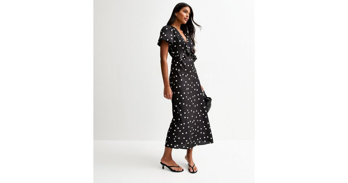 Black Satin Spot Print Ruffle Trim Midi Dress | New Look | New Look (UK)