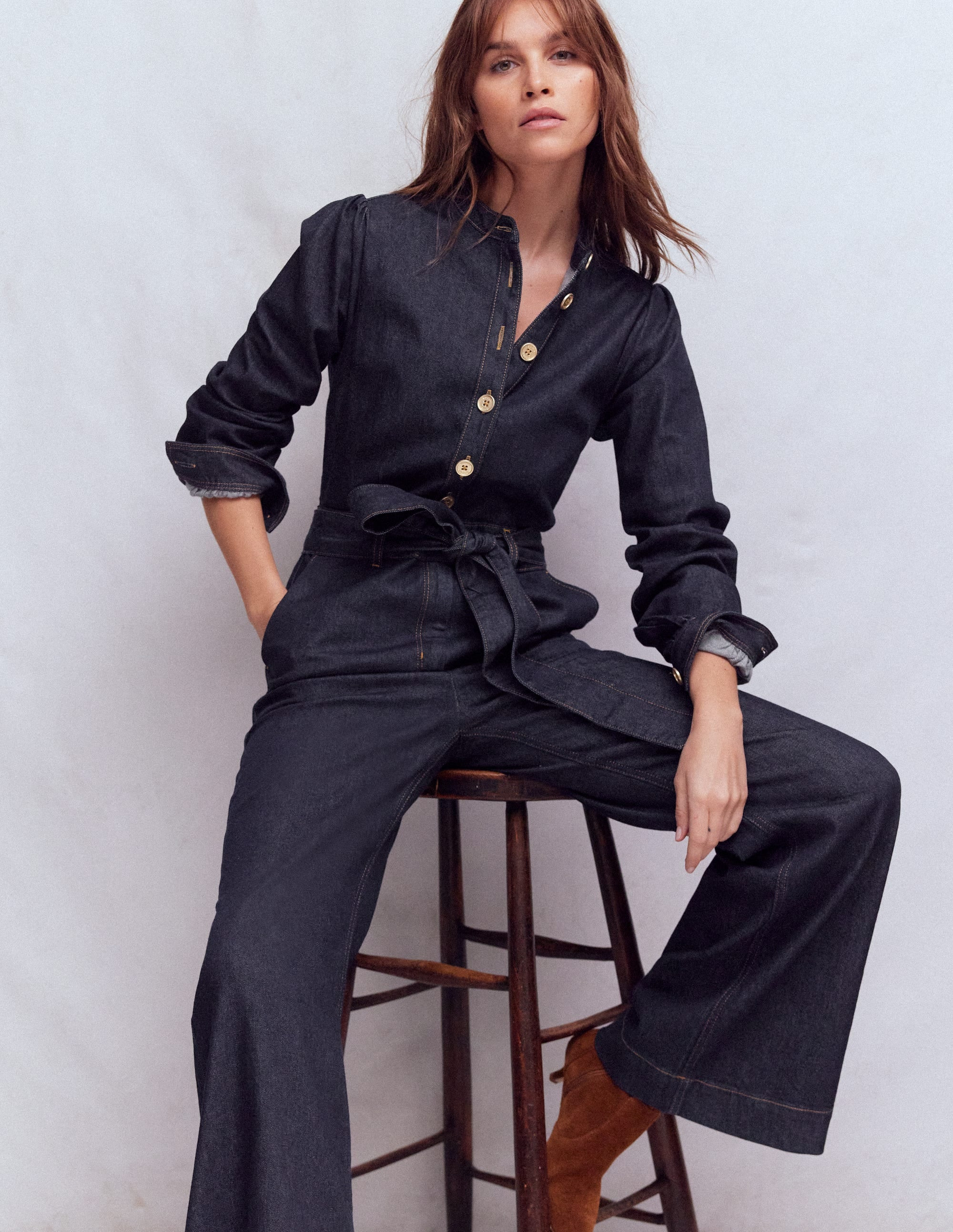 Bootcut Button Denim Jumpsuit-Indigo | Boden UK