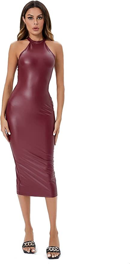 SweatyRocks Women's Sleeveless Halter PU Leather Cut Out Dress Bodycon Midi Party Dress | Amazon (US)