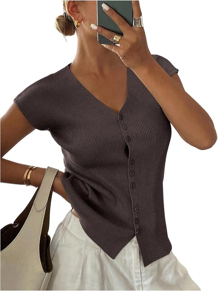 SOLY HUX Women's Button Down V Neck T Shirts Summer Cap Sleeve Ribbed Knit Dressy Casual Tops | Amazon (US)