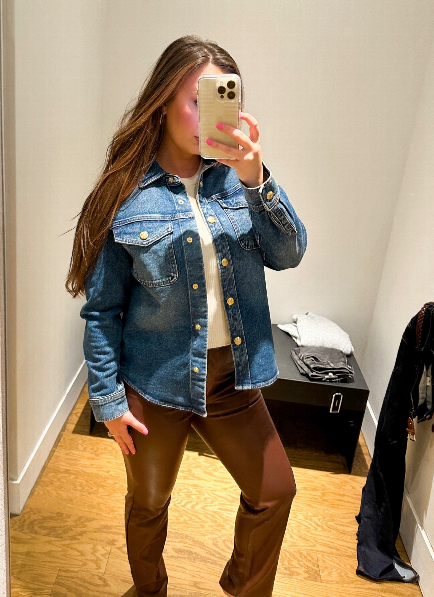 Denim top, denim jacket, faux leather pants, express outfit, fall outfit. Express sale! 

#LTKSeasonal #LTKsalealert #LTKstyletip