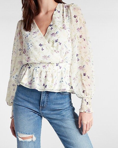 Floral Print Balloon Sleeve Faux Wrap Peplum Top | Express