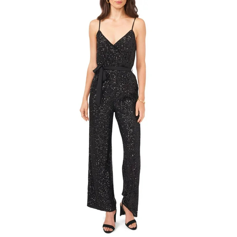 Vince Camuto RICH BLACK Women's Sequin Spaghetti Strap Jumpsuit, Large | Walmart (US)