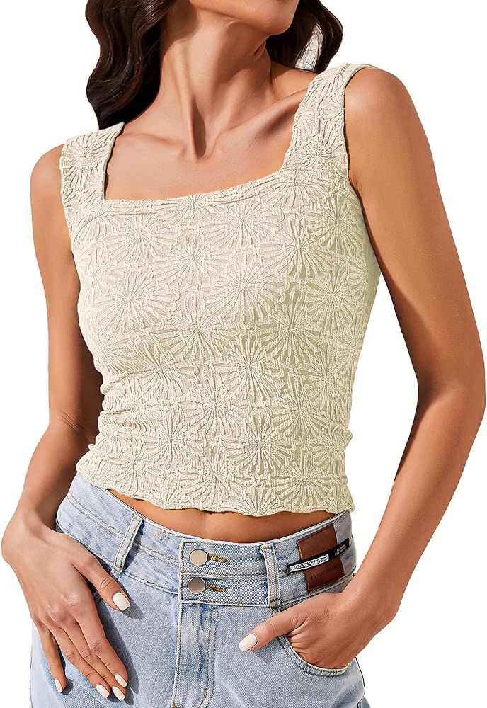 Cropped Tank Tops for Women Square Neck Wide Straps Crop Tank Tops Backless Lettuce Trim Slim Fit... | Amazon (US)